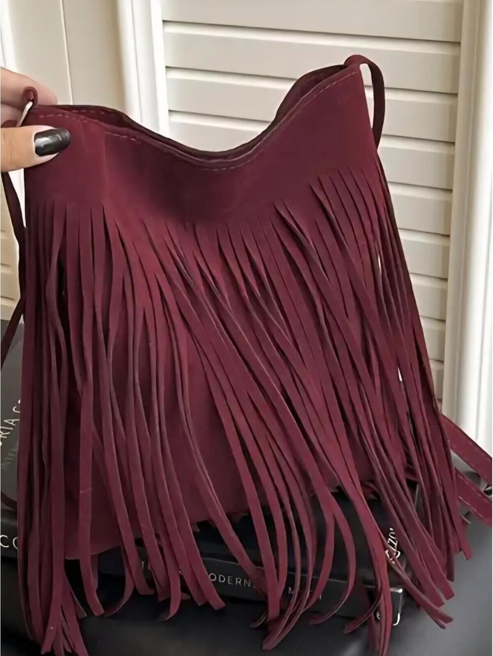 Fringed Shoulder Bag - Burgundy Suede
